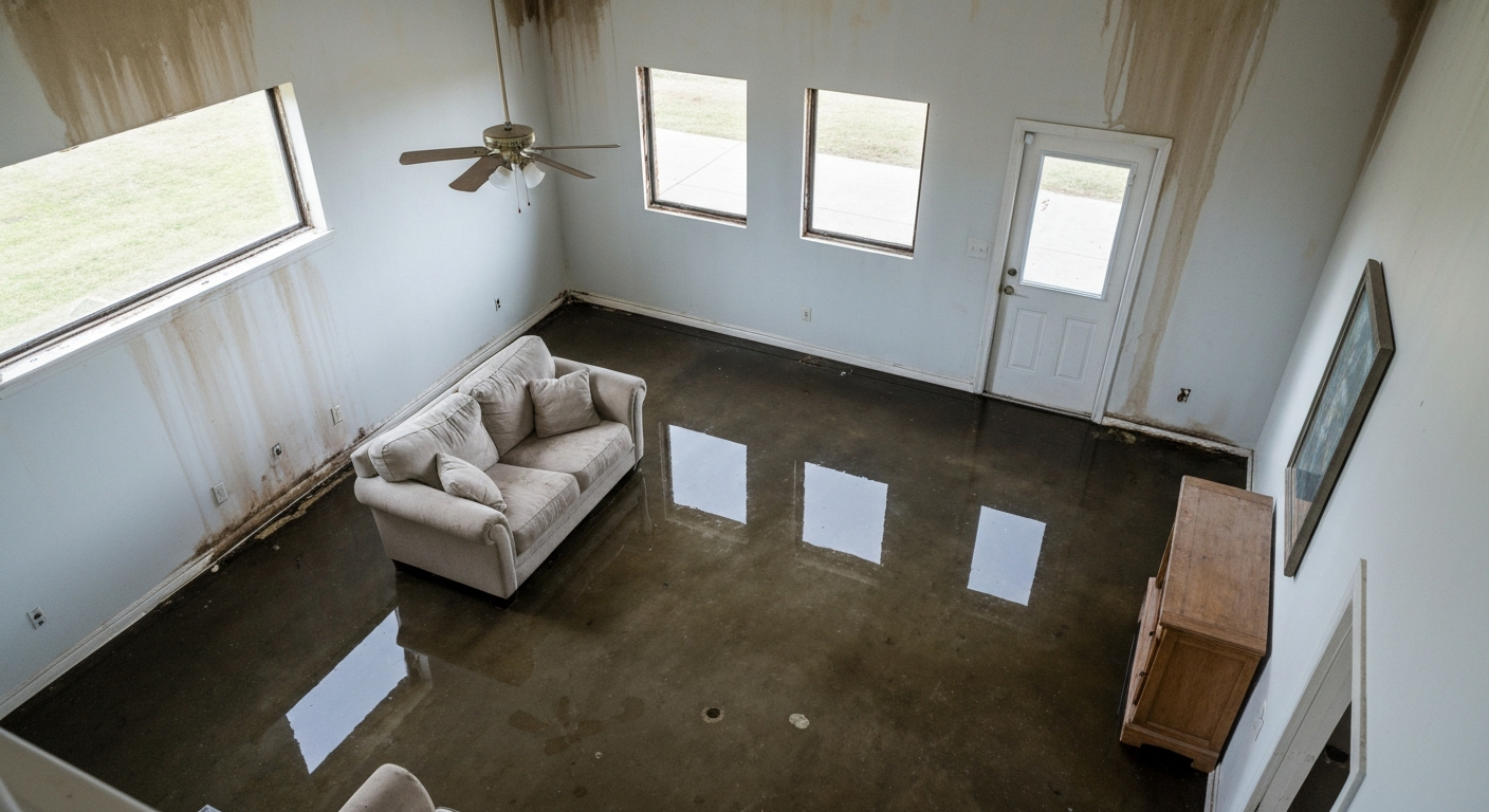 Water damage mitigation equipment — air movers and dehumidifier in flooded home Chattanooga TN